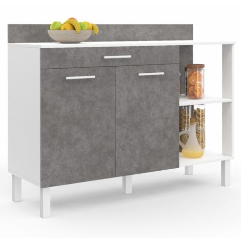 Idmarket – Buffet bas de cuisine 120 cm – 2 portes + tiroir – Plan de travail H.83 cm – Structure blanche et effet béton – Dimensions L.120 x l.40 x H.93 cm