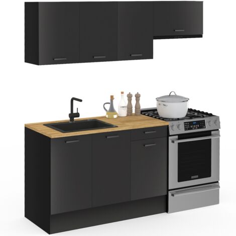 Idmarket – Cuisine complète 180 cm – Plan de travail noir 5 éléments – Panneaux mélaminés 15 mm – Hauteur 90 cm pour intégration électroménager