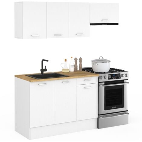 Cuisine complète 180 cm SUBTIL avec plan de travail 5 éléments blanc et plateaux bois