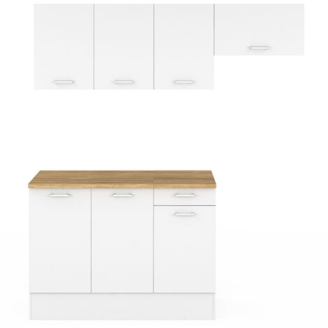 Cuisine complète 180 cm SUBTIL avec plan de travail 5 éléments blanc et plateaux bois