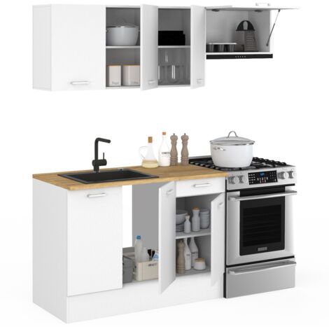 Cuisine complète 180 cm SUBTIL avec plan de travail 5 éléments blanc et plateaux bois