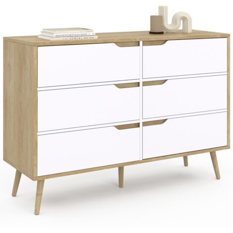 Commode TOMI XXL 6 Tiroirs 140 Cm - Blanc Et Bois Façon Hêtre - Neuve