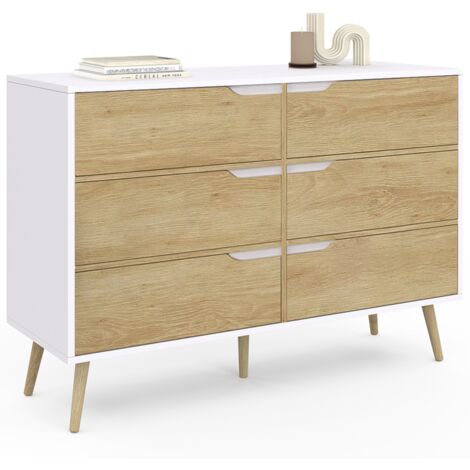 Idmarket – Commode enfant 6 tiroirs 115 cm – Design scandinave blanc et hêtre – Dimensions 115x40x80 cm – Tiroirs 50x33x15 cm