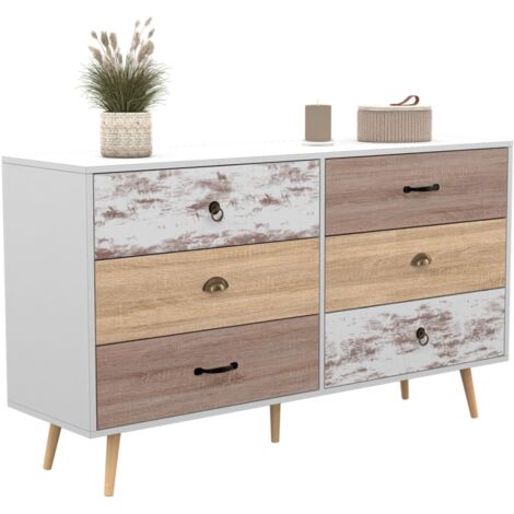 Idmarket – Commode scandinave 6 tiroirs 140 cm – Rangement optimal pour vêtements – Design élégant blanc et bois – Montage facile