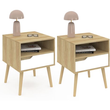 Idmarket – Lot de 2 tables de chevet scandinaves 1 tiroir – Structure effet hêtre et blanc – Dimensions 40x40x50cm – Niche pour rangement pratique