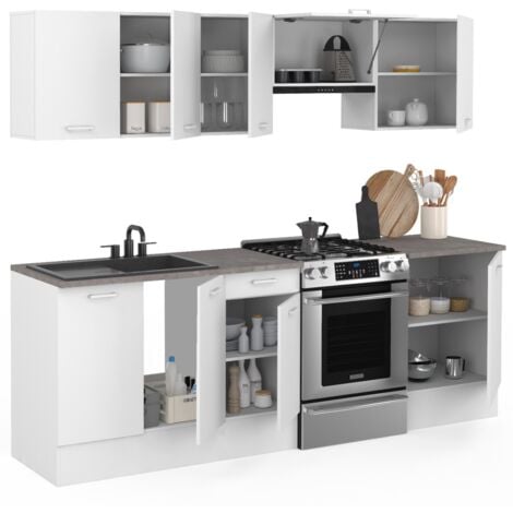 Cuisine complète 240 cm SUBTIL avec plan de travail 7 éléments blanc et plateaux effet béton