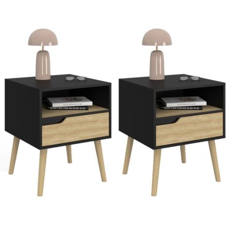 Lot de 2 tables de chevet HELSINKI scandinaves 1 tiroir avec niche noir et effet hêtre