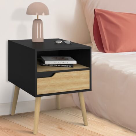 Lot de 2 tables de chevet HELSINKI scandinaves 1 tiroir avec niche noir et effet hêtre
