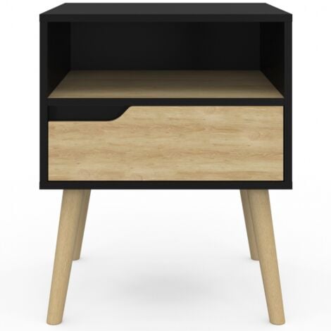 Lot de 2 tables de chevet HELSINKI scandinaves 1 tiroir avec niche noir et effet hêtre