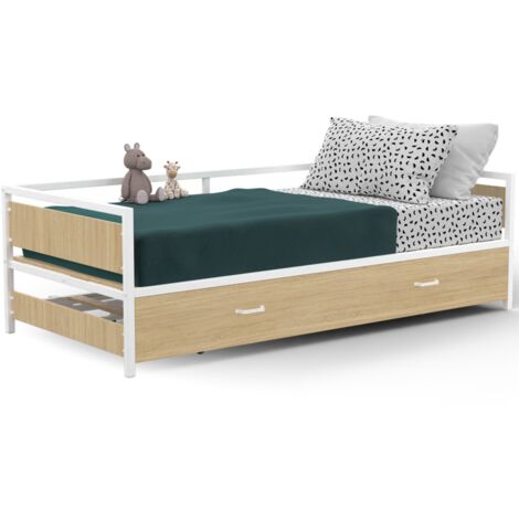 Idmarket – Lit gigogne 90 x 190 cm – Convertible 180 x 190 cm – Hêtre et blanc – Style industriel – Pour matelas jusqu'à 25 cm d'épaisseur