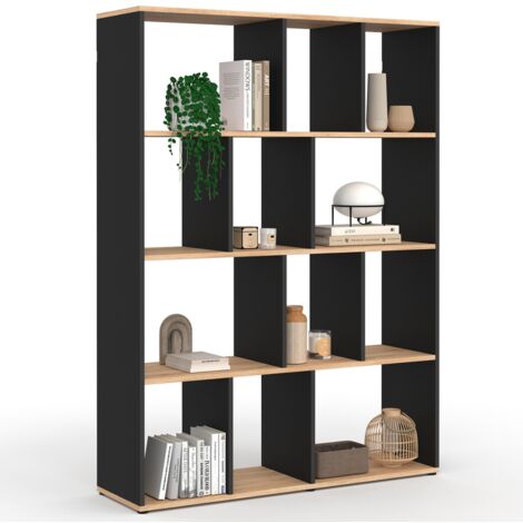 Idmarket – Bibliothèque JENA 4 niveaux noir effet bois H.143 cm – 12 compartiments – Panneaux de particules – Dimensions 104x30 cm