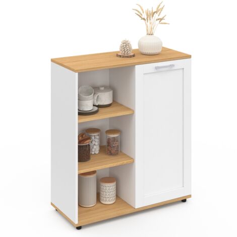 Idmarket – Buffet d'appoint 70 cm avec 3 étagères et placard blanc – Plateau en bois – Dimensions L 70 x l 30 x H 80 cm – Montage facile