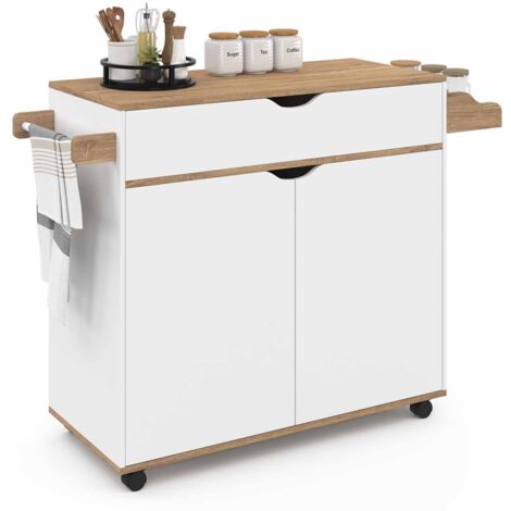 Idmarket – Desserte de cuisine blanche avec tiroir et plateaux façon hêtre – Dimensions L.90 x P.40 x H.85 cm – Panneaux de particules – À monter soi-même