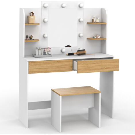 Idmarket – Coiffeuse ZELIA blanc et hêtre – Table de maquillage avec miroir LED 10 LEDs – 4 étagères et tabouret assorti – Dimensions 108x40x141 cm (1/5)