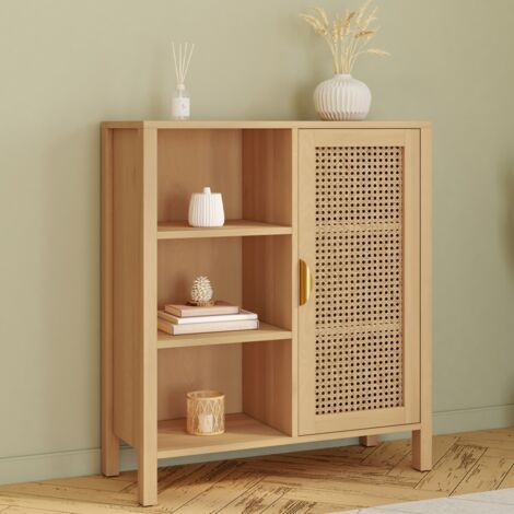 Buffet d'appoint 3 étagères et placard 70 cm EDHEN bois et cannage