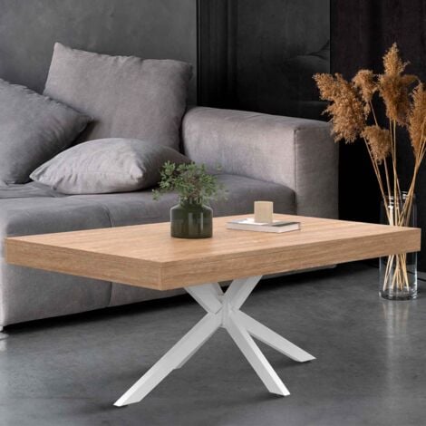 Table basse rectangulaire ALIX 110 cm pied araignée bois et blanc