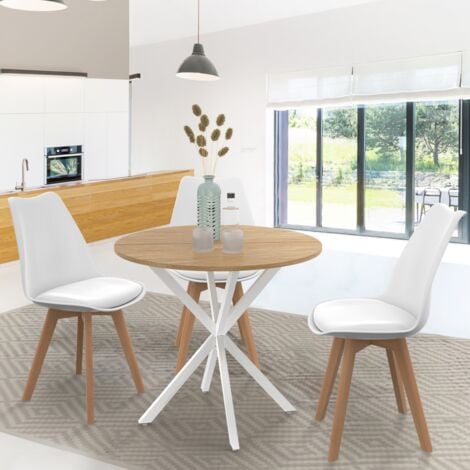 Table à manger ronde ALIX 4 personnes pied araignée bois et blanc 80 cm