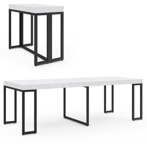 Idmarket – Table console extensible 10 personnes 235 cm – Plateau effet marbre blanc – Pied en métal noir – Rallonges de 47 cm
