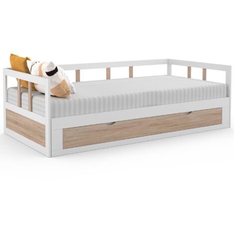 Idmarket – Lit gigogne 90 x 190 cm – Convertible 180 x 190 cm – Bois MDF blanc et hêtre – 1 tiroir de rangement – Pour espaces réduits
