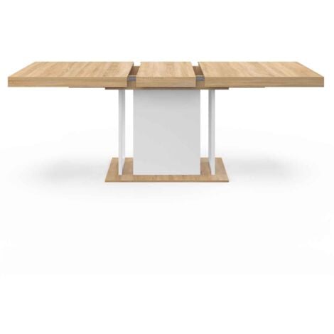 Table à manger extensible rectangle UGO 6-10 personnes bois façon hêtre et blanc 160-200 cm