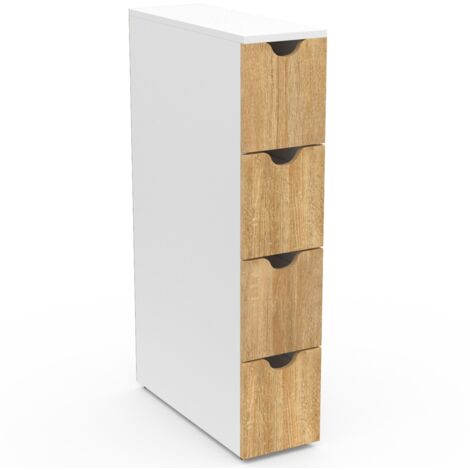 Idmarket – Tour de rangement colonne 4 tiroirs sur roulettes – Dimensions 17x45x80 cm – Panneaux de particules blanc et façon hêtre – Gain de place
