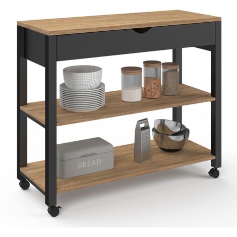 Idmarket – Desserte de cuisine avec tiroir et plan de travail noir – Dimensions L.100 x l.40 x H.85 cm – MDF et panneaux de particules – 4 roulettes dont 2 freinées