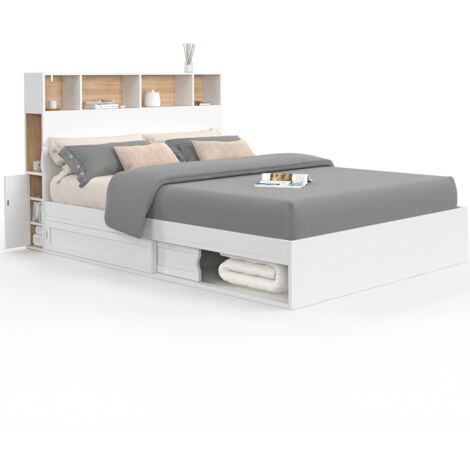 Idmarket – Lit double CLEM 140 x 190 cm – Tête de lit avec niches – Rangements coulissants – Structure en panneaux de particules – Coloris blanc et bois