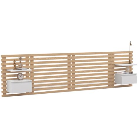 Idmarket – Tête de lit suspendue en lattes 240 cm – Chevets avec tiroir – Bois clair et blanc – Installation facile avec accroches murales