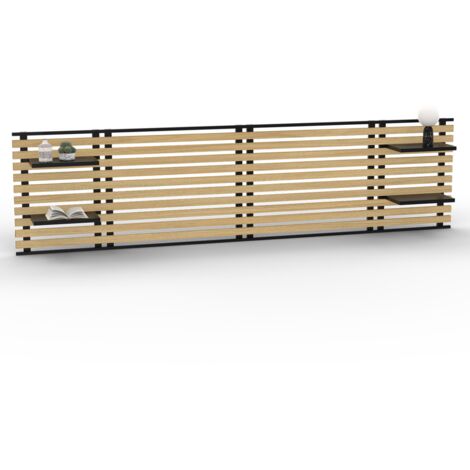 Idmarket – Tête de lit suspendue en lattes 240 cm – Métal noir et bois – 4 étagères modulables – Hauteur 62 cm pour confort optimal