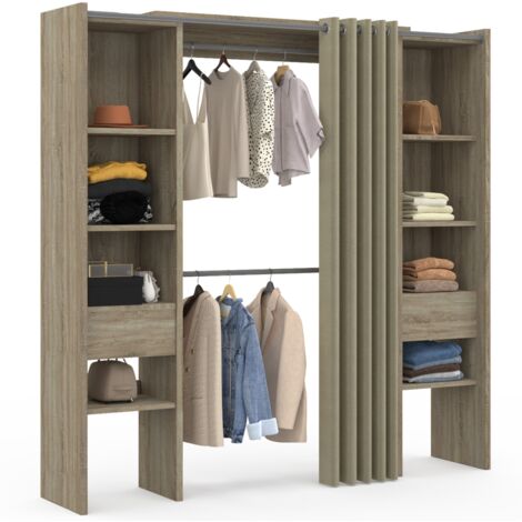 Idmarket – Dressing modulable extensible 120/180 cm – 8 étagères réglables – Double penderie – Rideau taupe clair – Structure bois hêtre