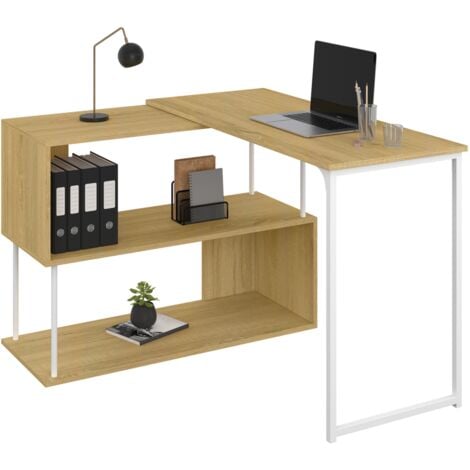 Bureau d'angle rotatif 180° DETROIT étagère forme S design industriel bois et métal blanc