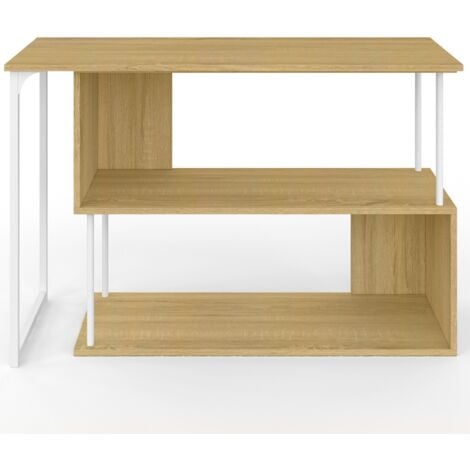 Bureau d'angle rotatif 180° DETROIT étagère forme S design industriel bois et métal blanc