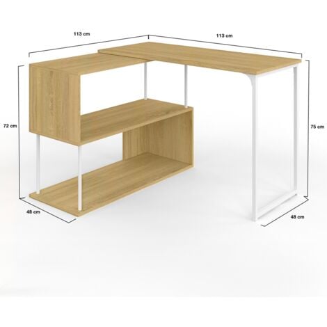 Bureau d'angle rotatif 180° DETROIT étagère forme S design industriel bois et métal blanc