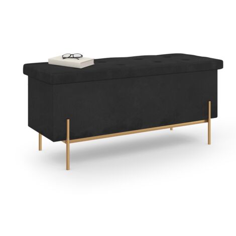 Idmarket – Banc coffre rangement 100 cm – Pieds métal doré – Tissu velours noir – Design chic pour rangement et assise d'appoint