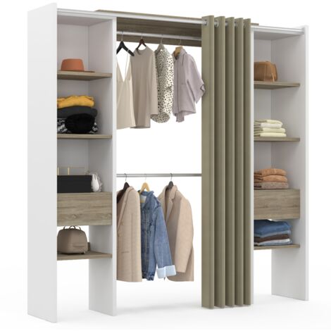 Idmarket – Dressing modulable extensible 120/180 cm – Largeur 50 cm – Hauteur 180 cm – Structure blanc et bois – 8 étagères réglables – Rideau taupe clair
