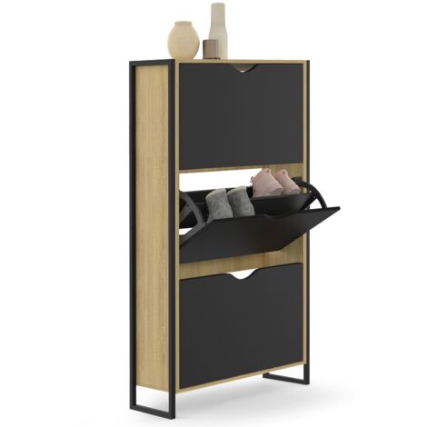 Idmarket – Meuble à chaussures 18 paires – 3 portes – Longueur 63 cm x largeur 23,5 cm x hauteur 115 cm – Panneaux de particules et tubes en métal