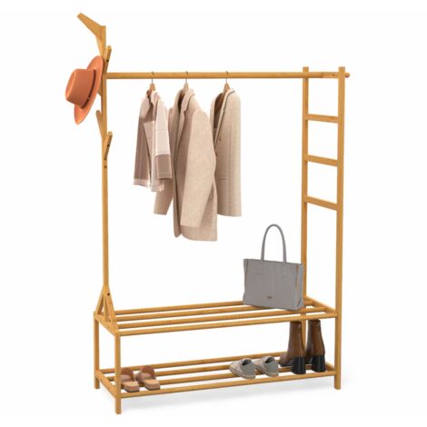 Idmarket – Portant vêtements en bambou RITA – Hauteur 162,5 cm – Largeur 40 cm – Barre de penderie et étagères incluses – Pour dressing ou entrée