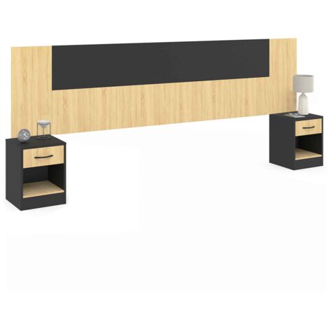 Idmarket – Tête de lit sur pied 185 cm avec chevets modulables 30 cm – Fixation murale – Panneaux de particules bois – Coloris bois et noir