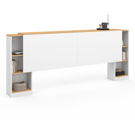 Idmarket – Tête de lit extensible 165/225 cm avec chevets coulissants – Panneaux de particules blanc et bois – Hauteur 80 cm pour lit 140/160 cm - LIT 140 ET