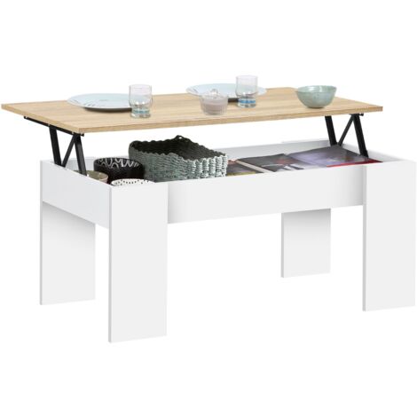 Idmarket – Table basse relevable rectangulaire – Plateau en panneaux de particules – Dimensions 100x50x45 cm – Design moderne blanc et imitation hêtre