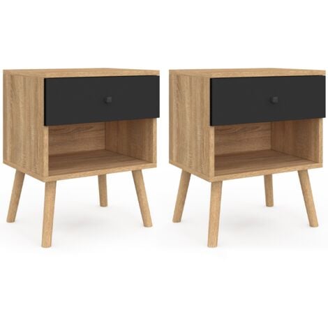 Lot de 2 tables de chevet EMMIE scandinaves 1 tiroir avec niche hêtre et noir