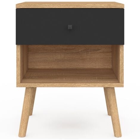 Lot de 2 tables de chevet EMMIE scandinaves 1 tiroir avec niche hêtre et noir