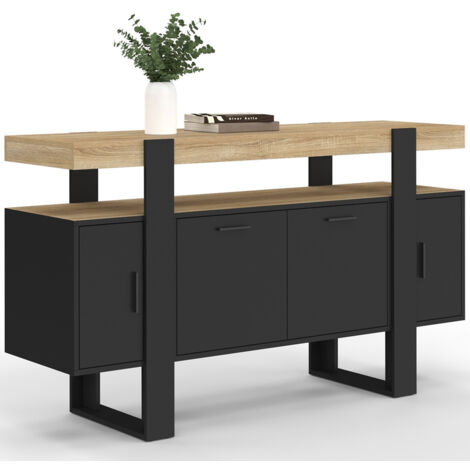 Idmarket – Buffet 140 cm 4 portes noir et bois – Dimensions 140x40x80 cm – Panneaux de particules – Style moderne pour salle à manger