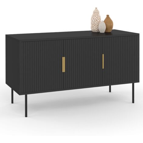 Idmarket – Buffet noir 110 cm 3 portes effet lattes – Panneaux de particules et métal – Rangement optimal pour salon ou salle à manger (1/5)