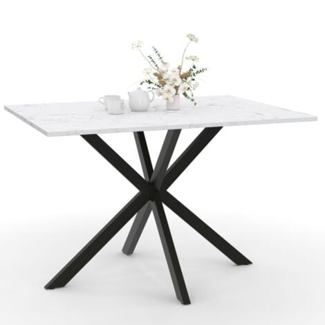 Table à manger rectangle ALIX 6 personnes pied araignée noir et plateau effet marbre blanc ALASKA 110 cm