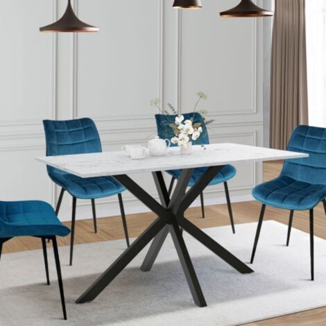 Table à manger rectangle ALIX 6 personnes pied araignée noir et plateau effet marbre blanc ALASKA 110 cm