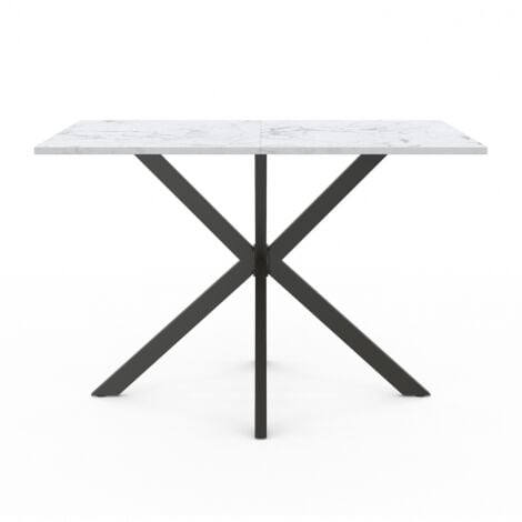 Table à manger rectangle ALIX 6 personnes pied araignée noir et plateau effet marbre blanc ALASKA 110 cm