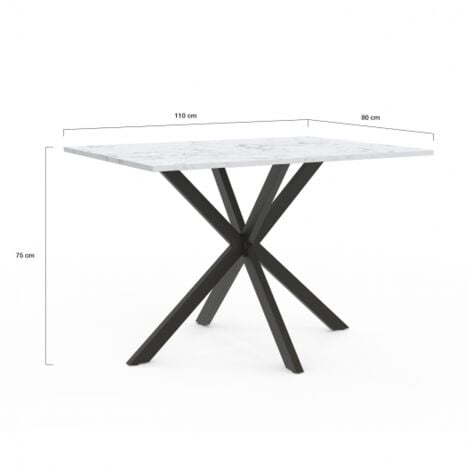 Table à manger rectangle ALIX 6 personnes pied araignée noir et plateau effet marbre blanc ALASKA 110 cm