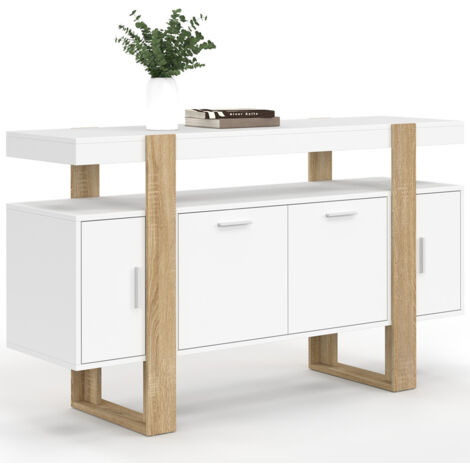 Idmarket – Buffet 140 cm 4 portes blanc et bois – Dimensions 140x40x80 cm – Structure solide avec pieds larges – Meuble de rangement moderne