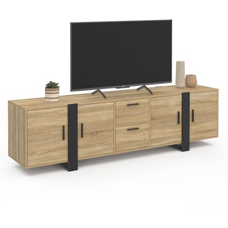 Idmarket – Meuble TV 180 cm avec 2 tiroirs et 2 placards – Bois et métal noir – Pour écran jusqu'à 70 pouces – Trous passe câbles